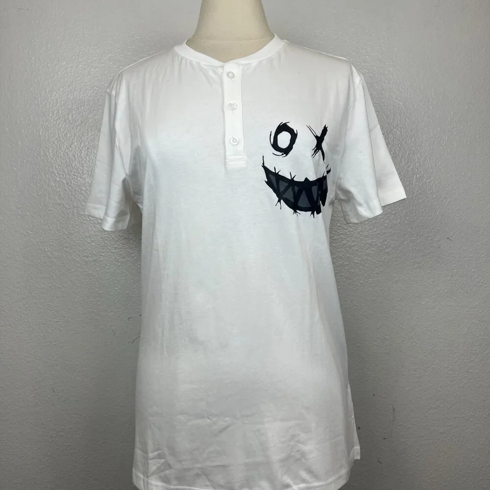 NWT ADOR Graphic Henley Short Sleeve White Tee Size‎ S